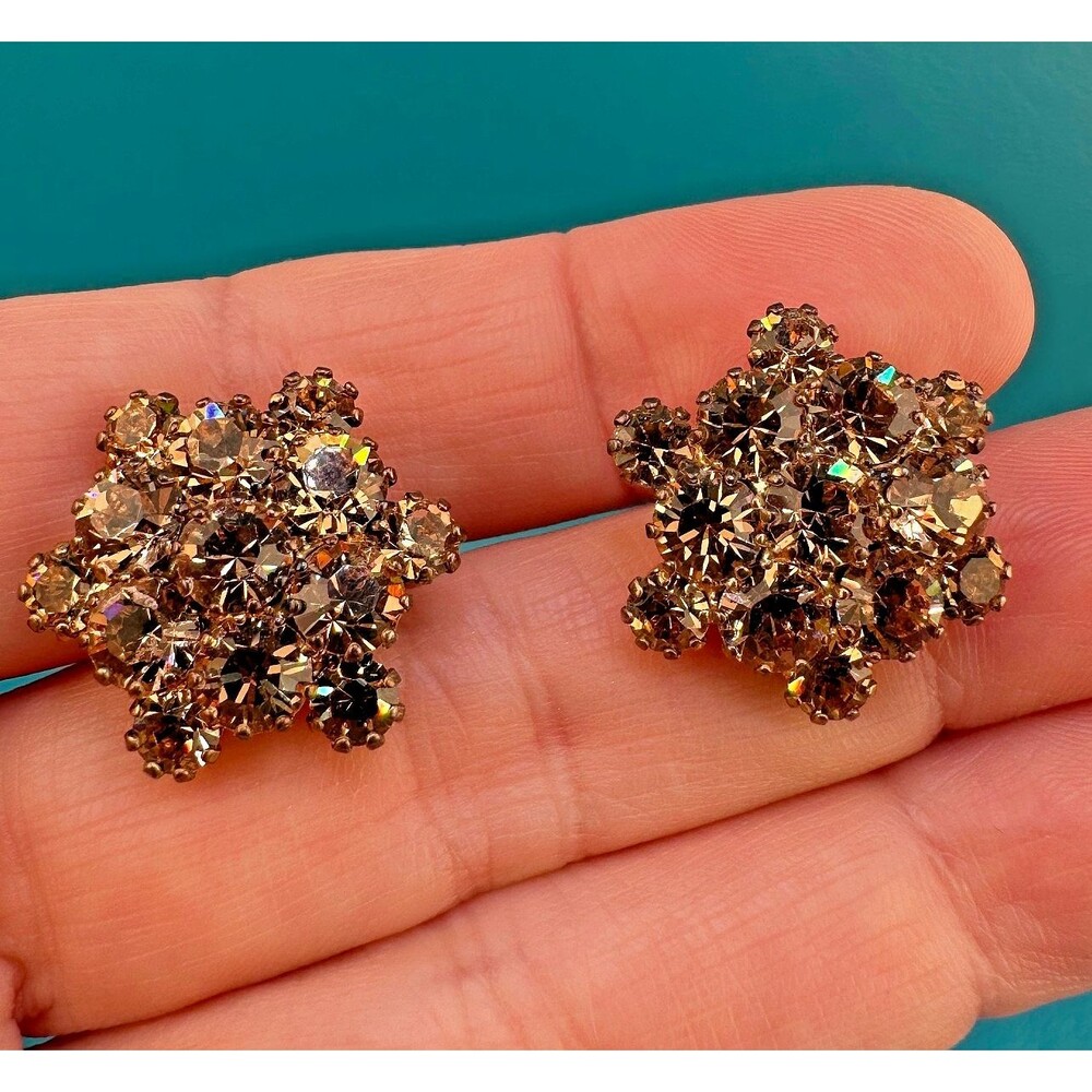 Vintage Rhinestone Cluster Earrings Bronze Golden Brown Clip On Gold Tone Star